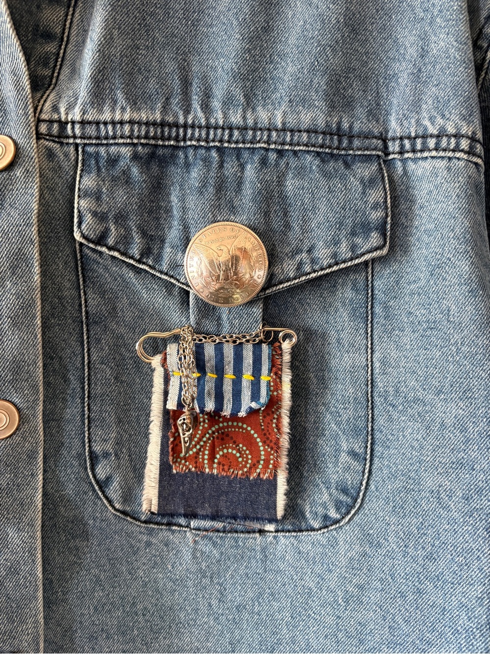 One-of-a-Kind Upcycled Denim Jacket w/Vintage Southwestern Eagle Embroidery - Picture 6 of 13